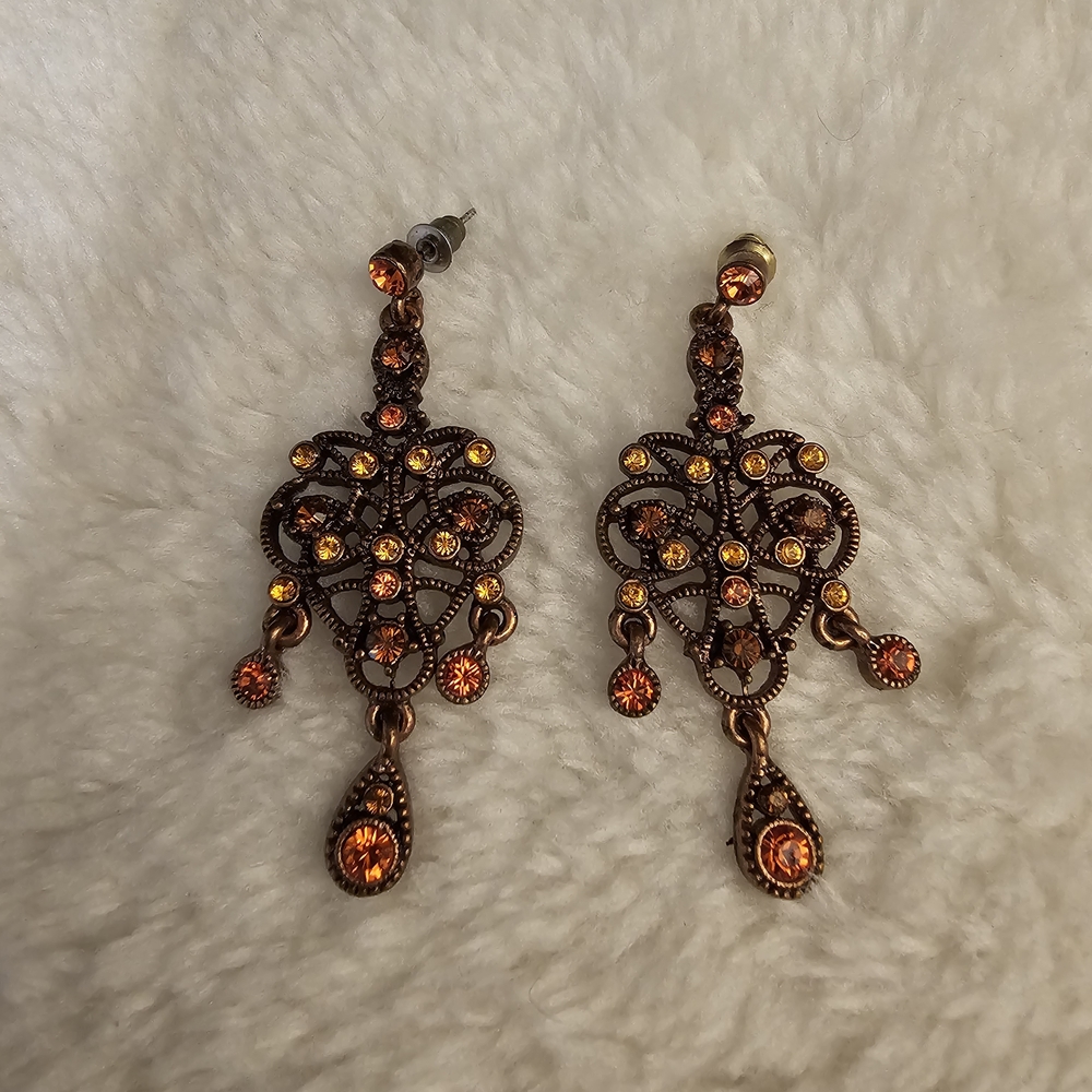 Vintage Bronze-Tone Filigree Chandelier Drop Stud Earrings with Amber Color Glas